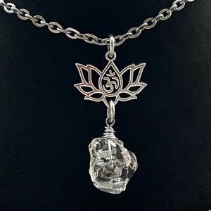 Herkimer diamond lotus flower om sign charm stainless steel chain boho crystals